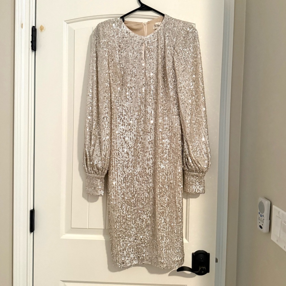 Eliza J Champagne Sequin Long Sleeve Shift Dress